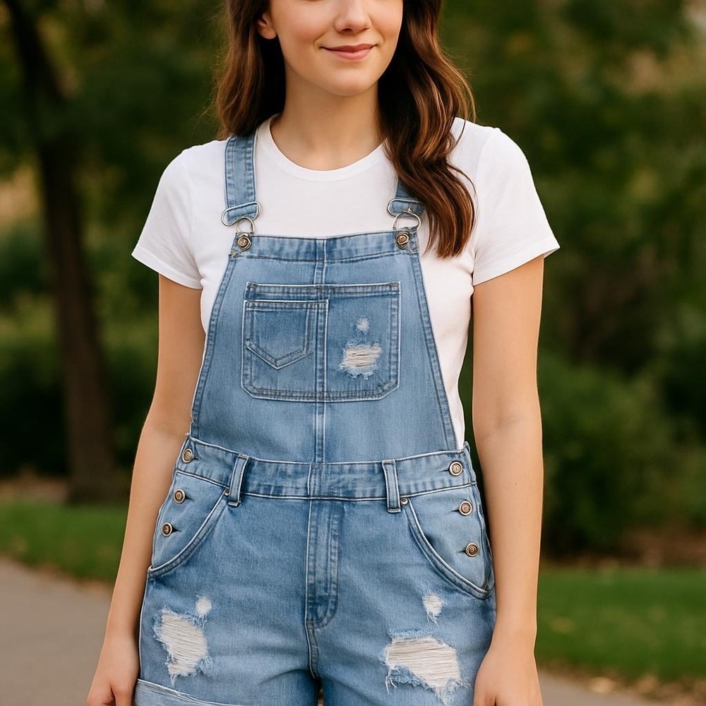 H&M &Denim Womens Light Wash Distressed Jean Shortalls Overalls Size 4 0450662 5